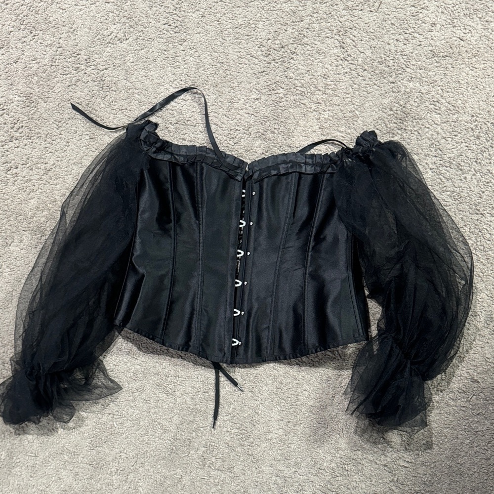 Elegant Black Corset Top with Sheer Sleeves